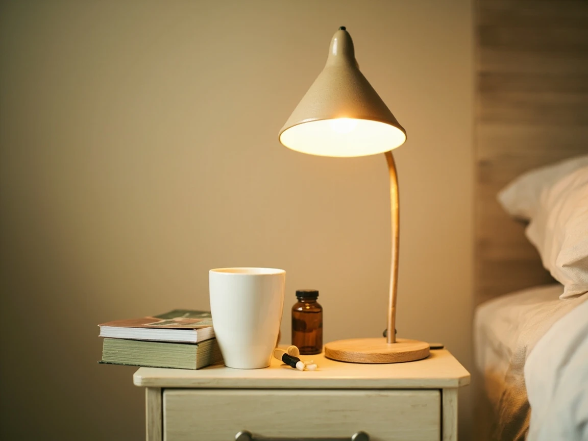 Bedside table with chamomile tea and an apigenin supplement as part of a wind-down routine