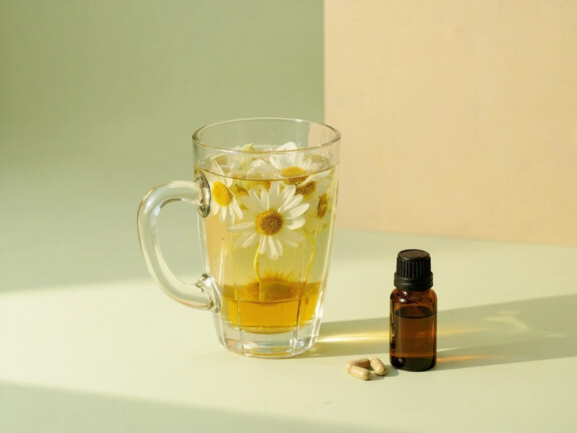 Chamomile tea beside an apigenin supplement, which deliver very different doses