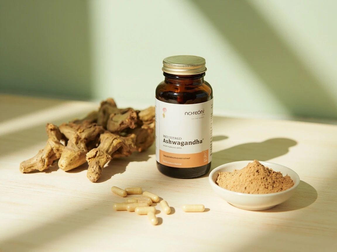 Ashwagandha supplement capsules spilling from an amber bottle beside root and powder