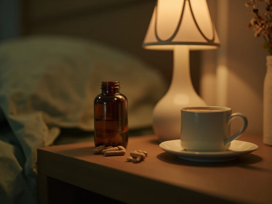 Ashwagandha capsules and herbal tea on a nightstand in a calm, dim bedroom as part of a sleep routine