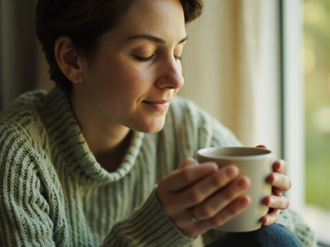A calm, relaxed person representing reduced stress and lower cortisol