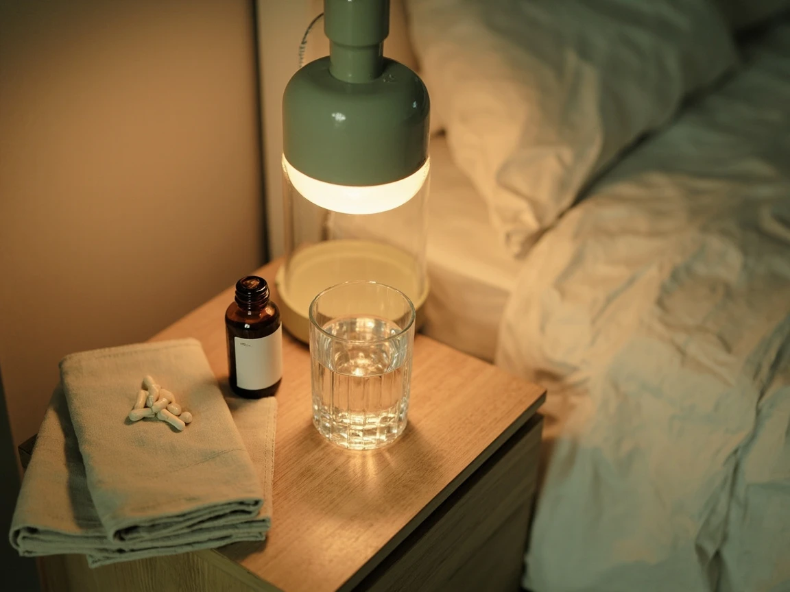 Bedside wind-down routine with a glass of water and a sleep supplement