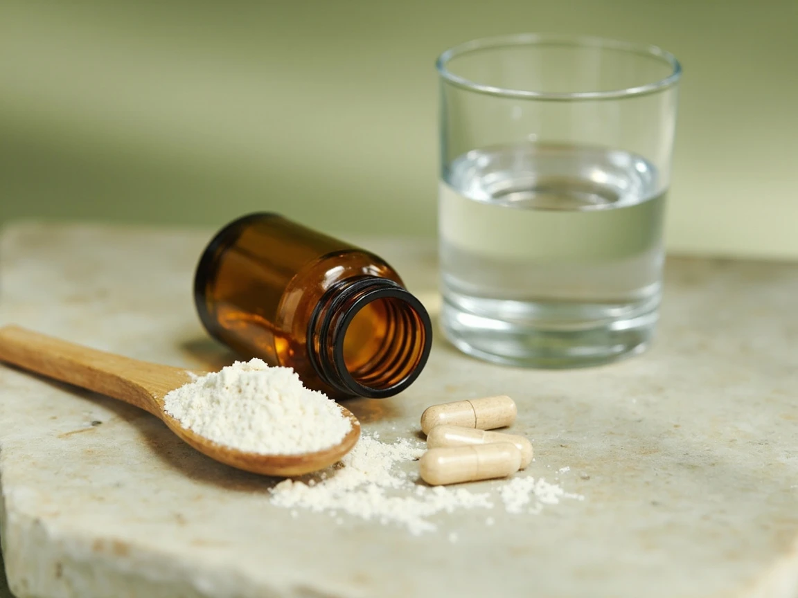 Magnesium and glycine powder beside capsules, two common sleep supplement formats