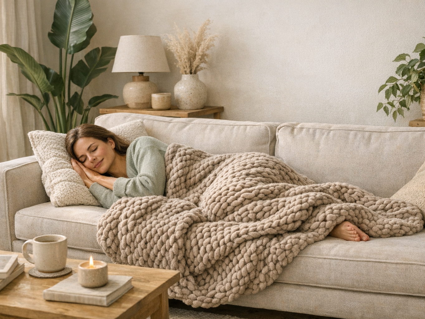 Person relaxing under a weighted blanket on a couch in a calm living room