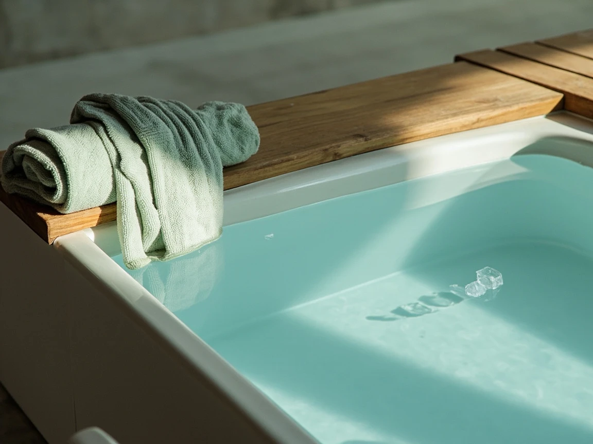A towel and robe beside a cold plunge, the calm after a session