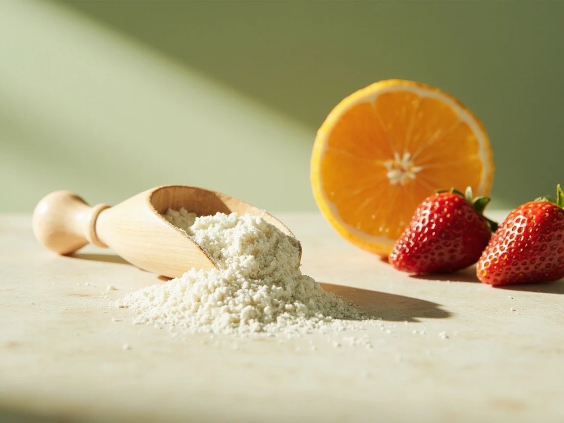 A scoop of hydrolyzed collagen peptide powder, the form studied in skin trials