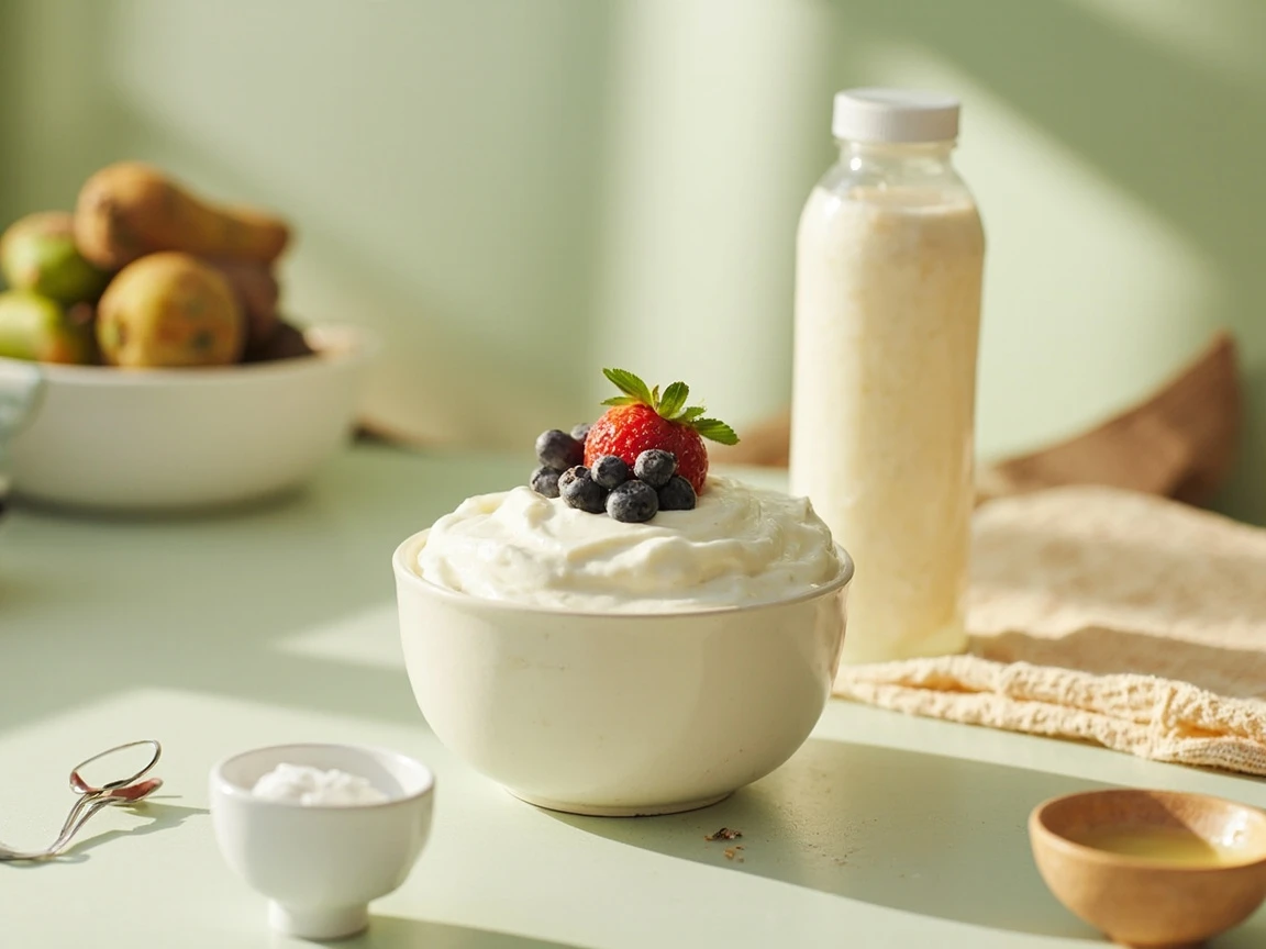 Greek yogurt with berries and a protein shaker, easy ways to hit a daily protein target