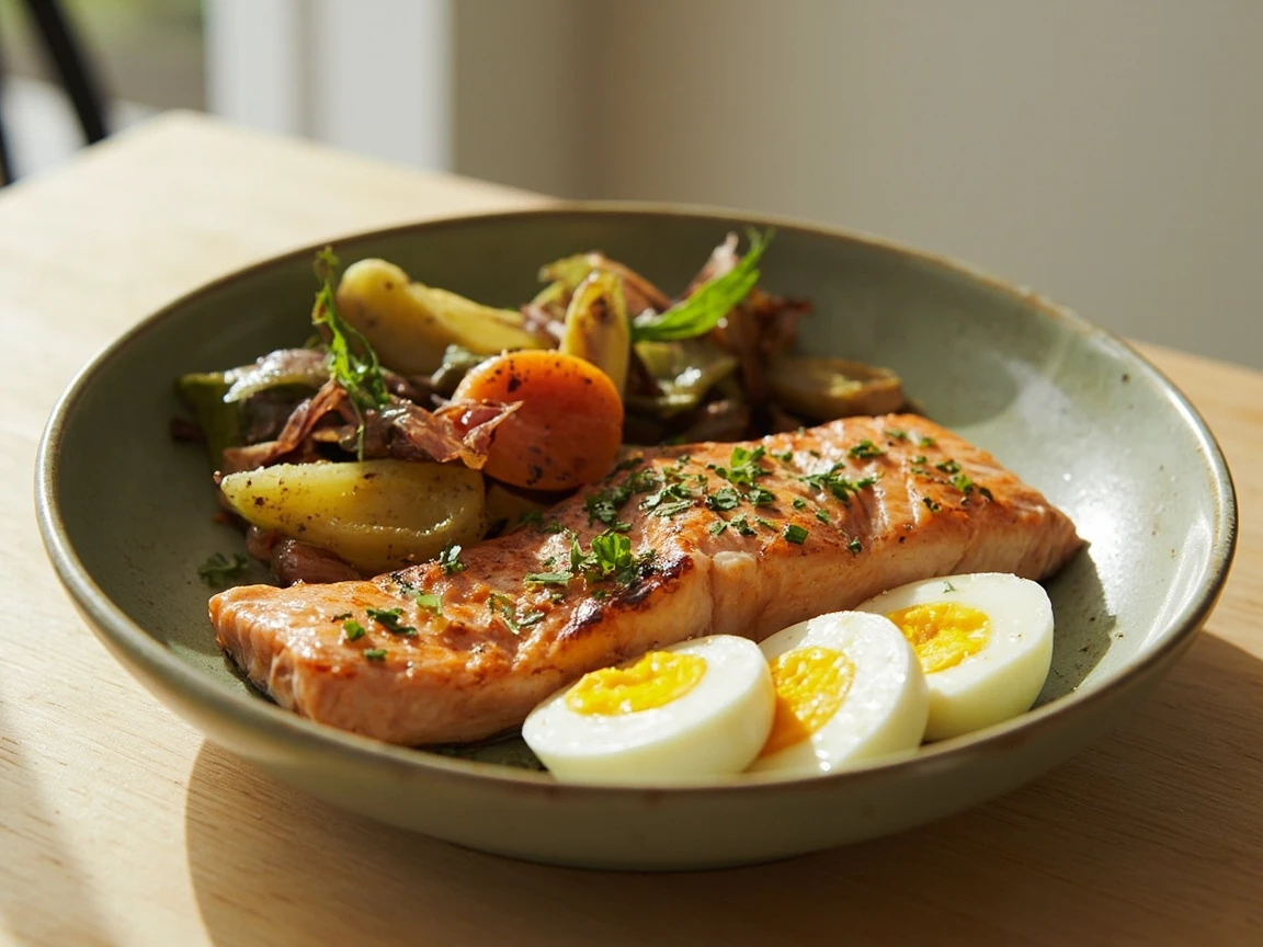 A balanced plate showing a palm-sized protein portion of about 30 grams