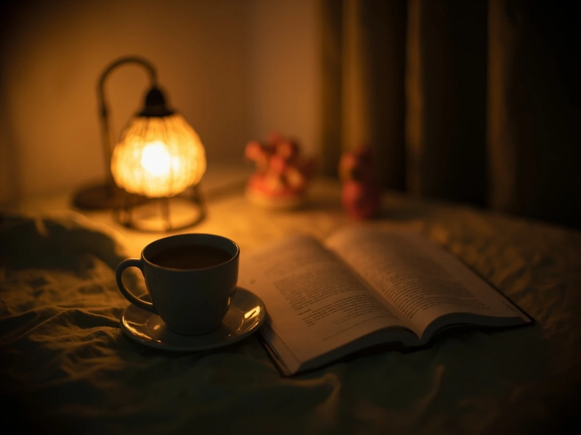 An evening wind-down scene, when L-theanine helps quiet a racing mind before sleep
