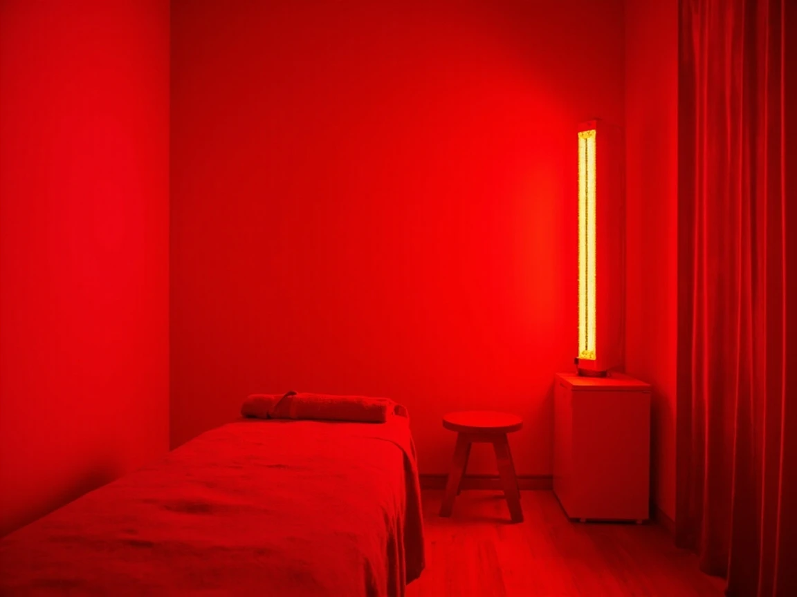 A red light therapy panel set up in a calm home recovery space