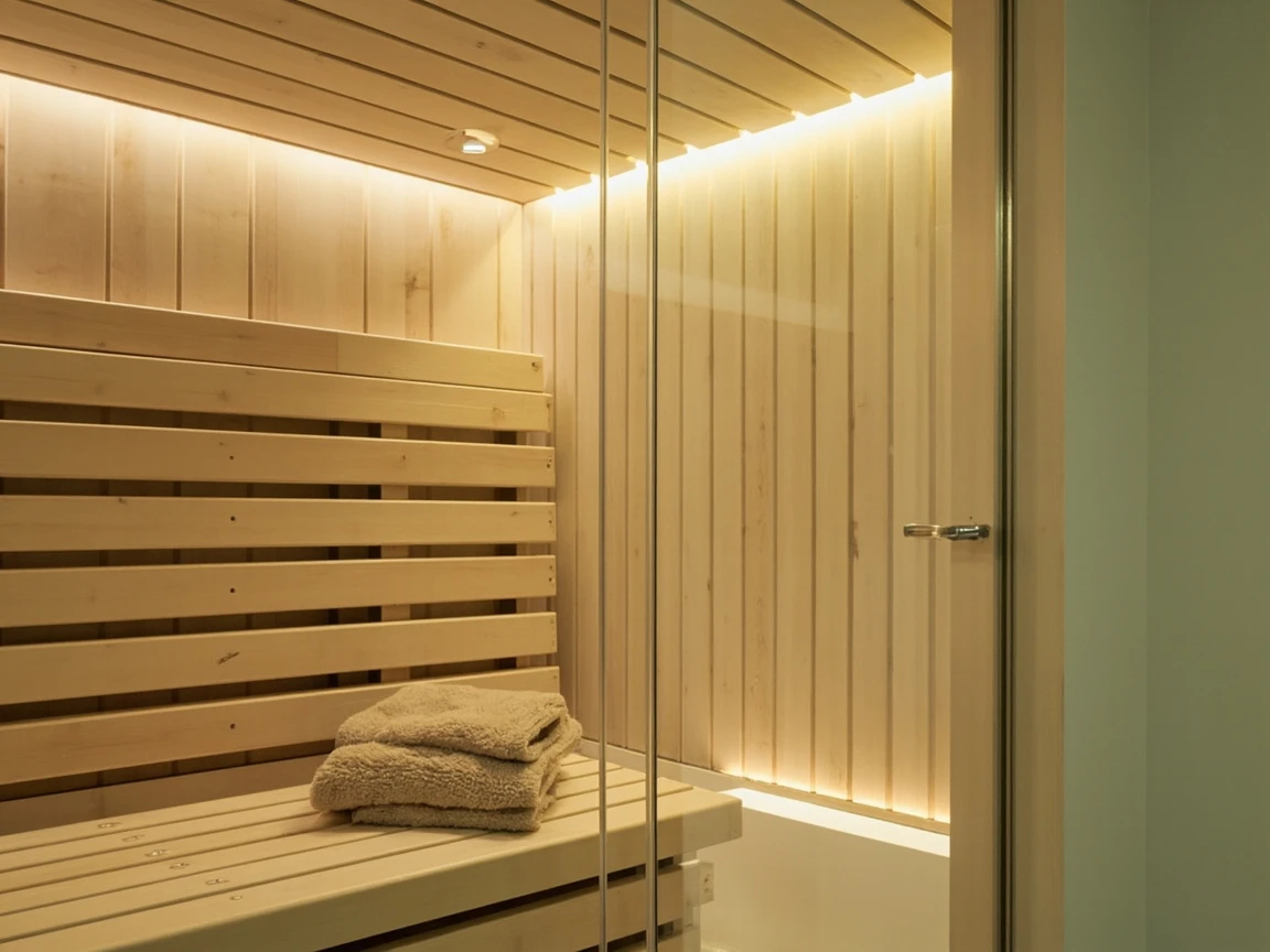 A modern infrared sauna cabin interior, the gentler lower-temperature alternative to a traditional sauna