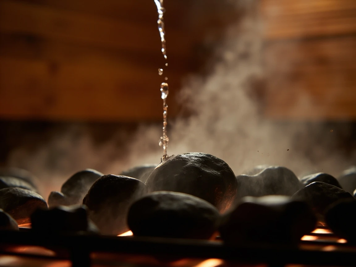 Water poured over hot sauna rocks creating steam, the heat that drives sauna benefits