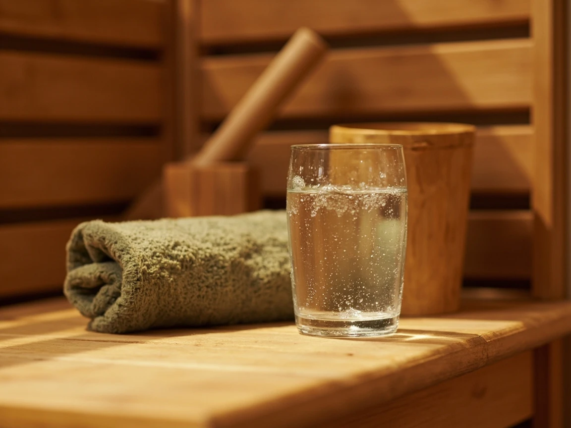 A glass of water and towel on a sauna bench, a reminder to hydrate for safe sauna use