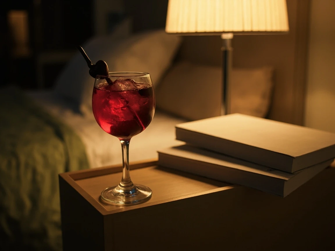 A tart cherry mocktail on a nightstand as part of an evening wind-down routine