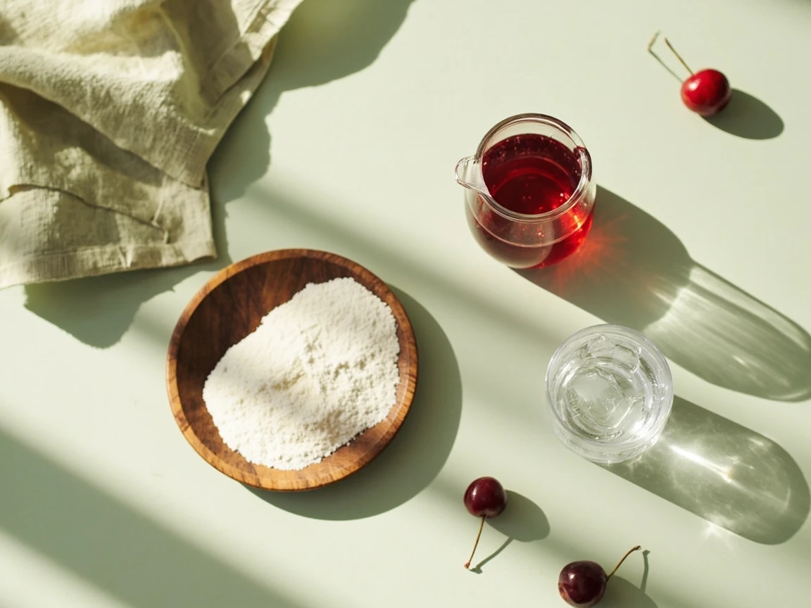 The three sleepy girl mocktail ingredients: tart cherry juice, magnesium powder, and sparkling water